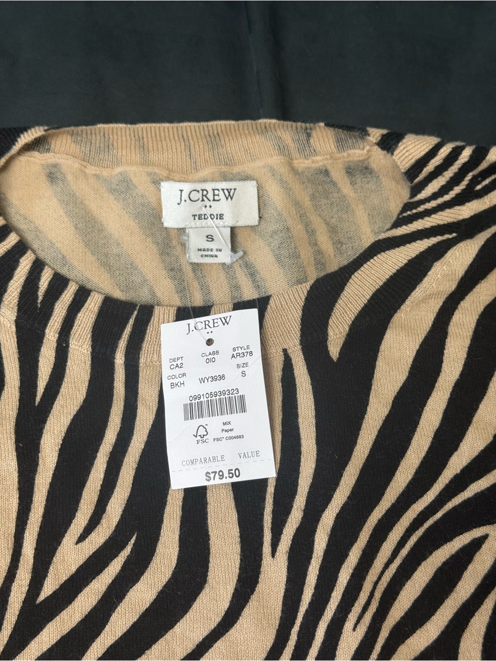 100% cotton J. Crew Black and Cream Zebra-Print Long Sleeve Top